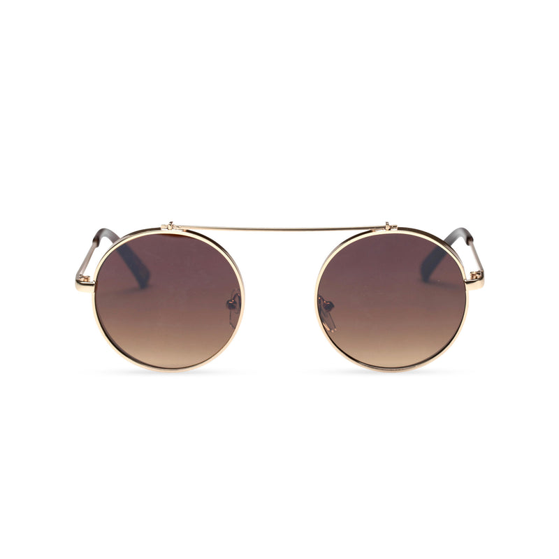 gold frame round metal medium steampunk sunglasses with tiny shield