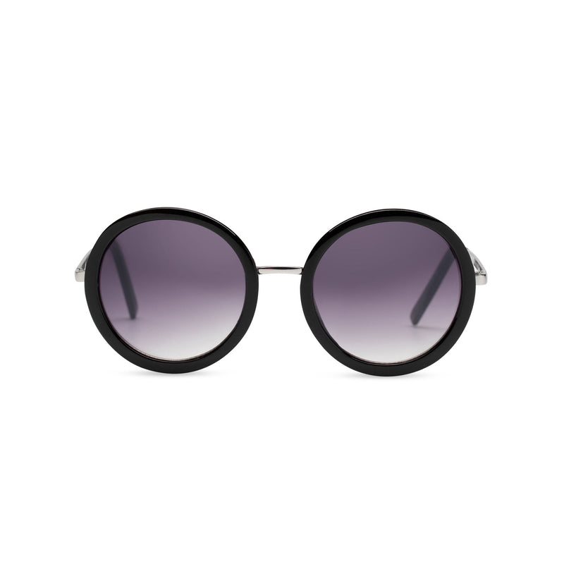 big round dark dark velvet lens sunglasses with silver frame and shiny black rims by SOLFUL Ibiza