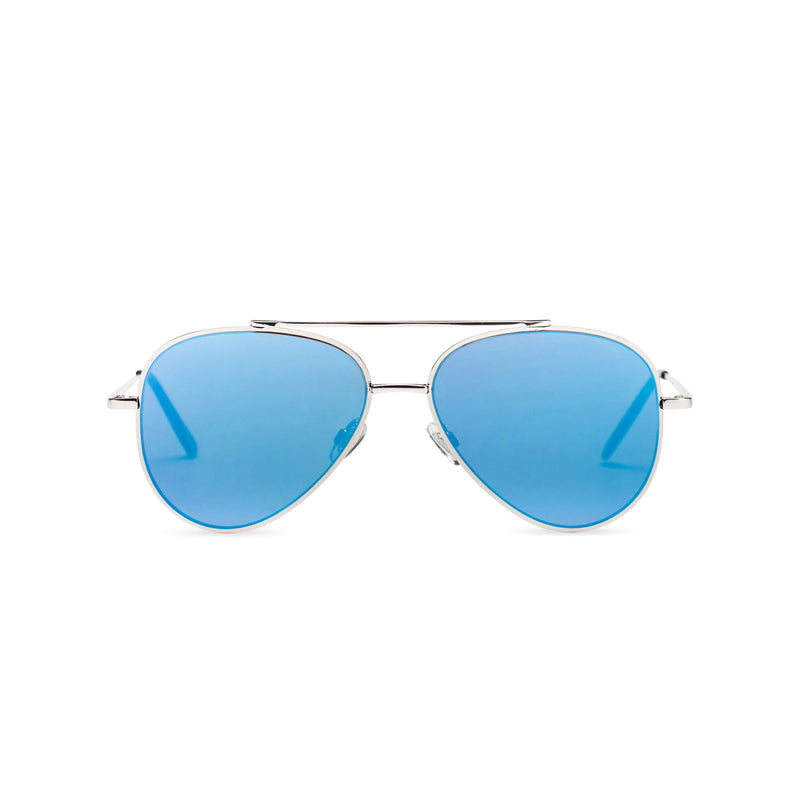 Front view of STANFORD big aviator sunglasses, silver metal frame with mirror blue lens