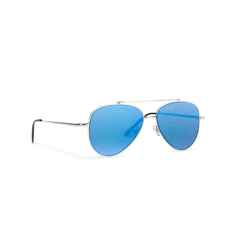 Side SOLFUL Ibiza AMNESIA club model big aviator sunglasses, silver metal frame with mirror blue lens