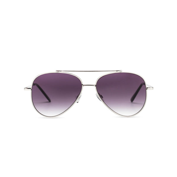 Front view of AMNESIA club big aviator sunglasses, silver metal frame with dark purple lens