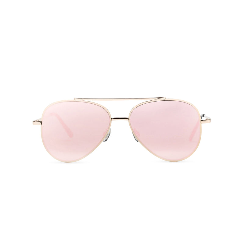 Front view of AMNESIA club big aviator sunglasses, golden metal frame with mirror pink lens