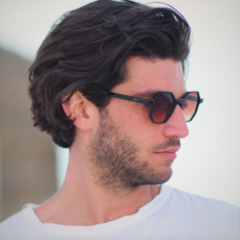men wear plastic hexagon shaped sunglasses by SOLFUL Ibiza brown UV 400 lens
